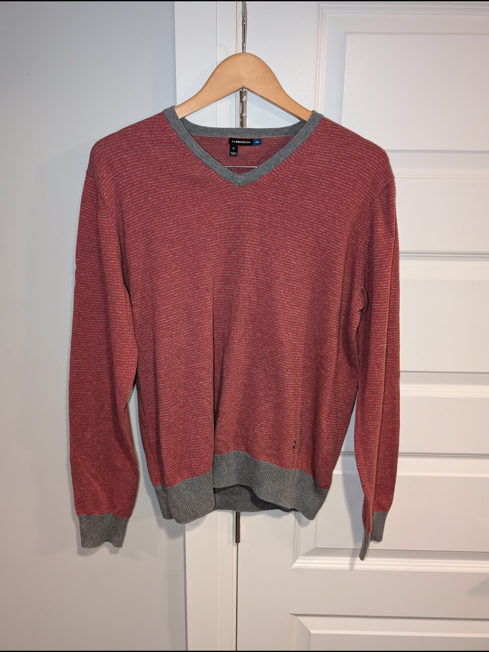 J.Lindeberg Men's Red V-Neck Sweater with Gray Trim